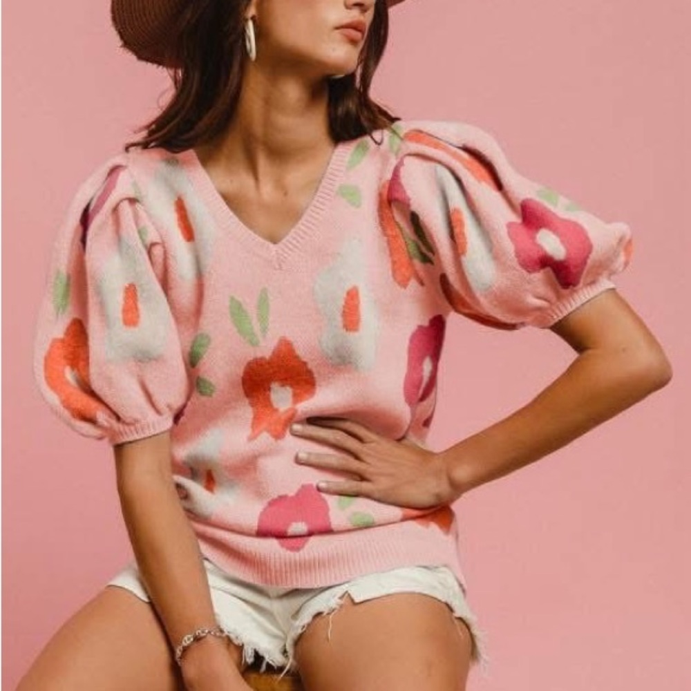 BiBi Floral V-Neck Sweater - Pink and Orange